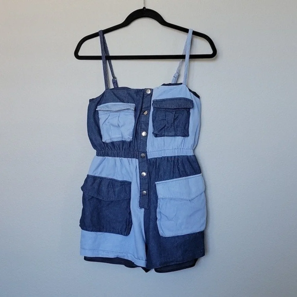 L'atiste 90's Y2K Summer Patchwork Sleeveless Denim Chambray Romper Jrs. Large - Picture 3 of 10
